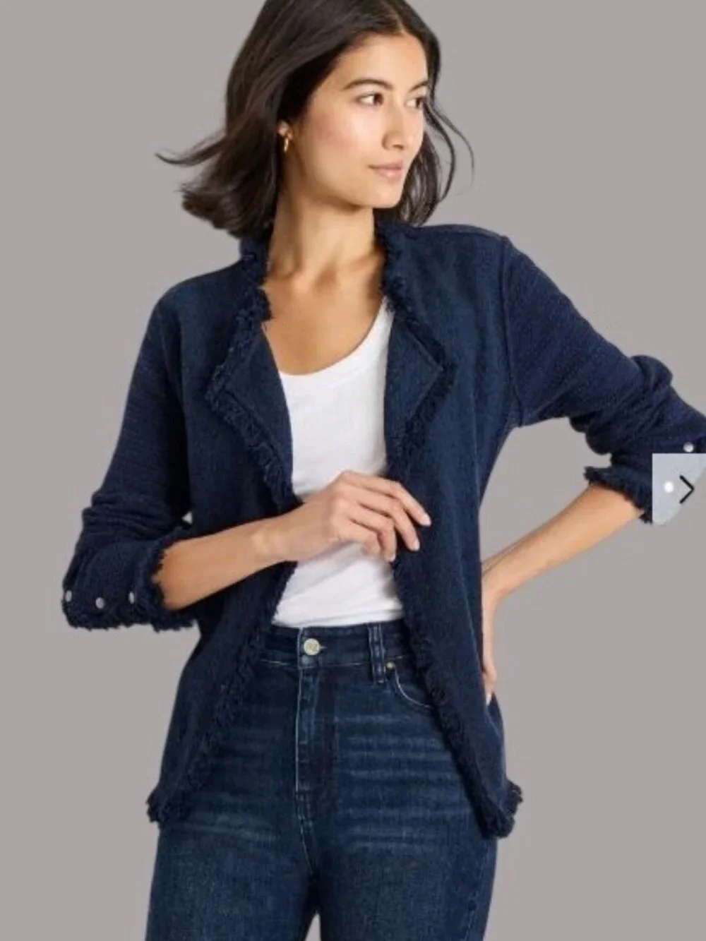Nic + Zoe Fringe Knit Jacket L Blue Open Front Fringe Boho Cardigan - Picture 1 of 12